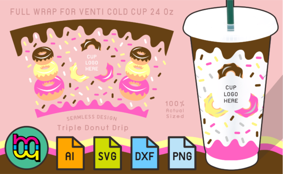 24oz Cold Cup Full Wrap Trio Donut Drip