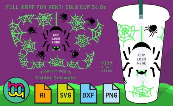 24oz Cold Cup Wrap Green Spider Cobwebs