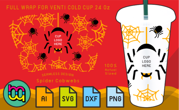 24oz Cold Cup Wrap Orange Spider Cobwebs
