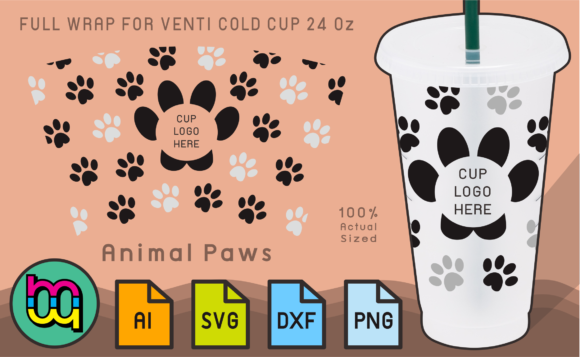 24oz Venti Cold Cup Fullwrap Animal Paws