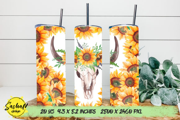 Cow Skull and Sunflower Tumbler Wrap PNG